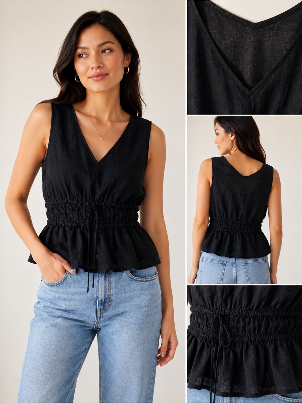 GAP Black V-Neck Smocked Peplum Tank Top